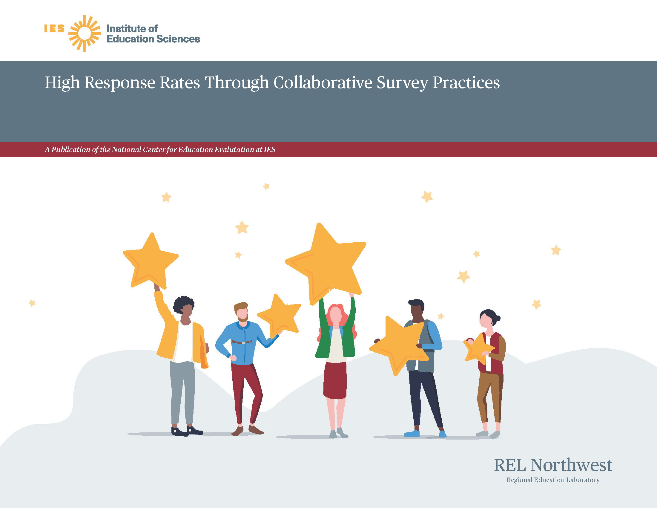 REL NW Steps and Strategies for Achieving a High Survey Response Rate cover art with diverse people holding stars.