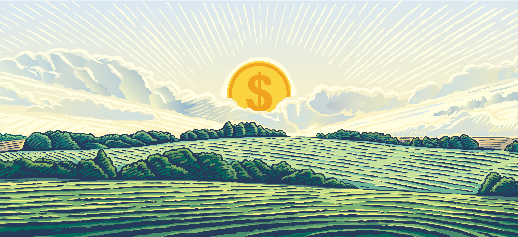 Coin rising like the sun over a rural landscape
