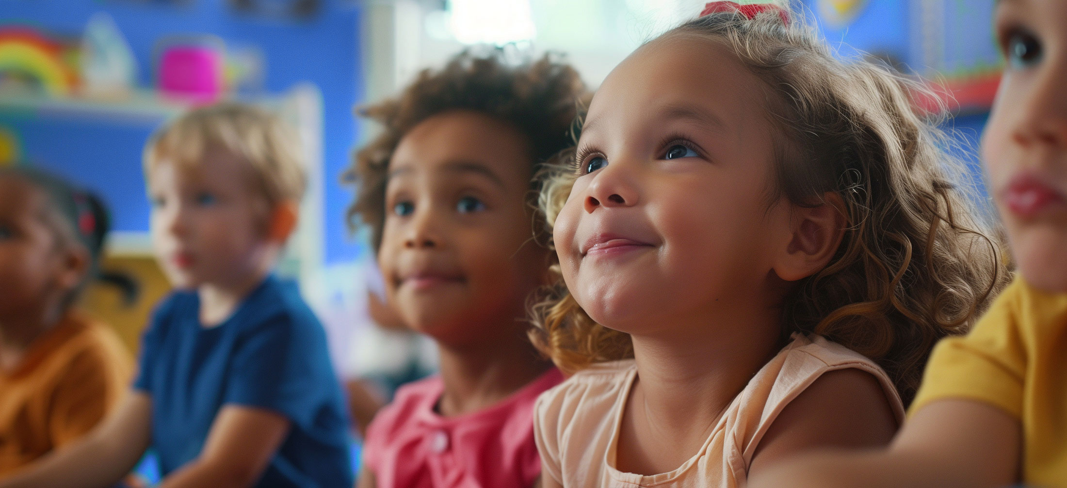 Elementary school age kids smiling up at someone talking to them off camera