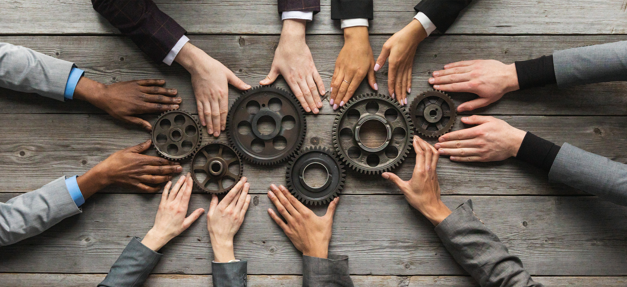 arial view of a table where people are putting gears together.