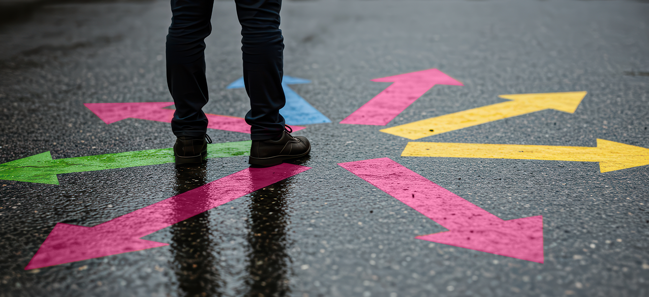 Image of a person standing in the middle of the road. arrows pointing in different directions and in different colors.