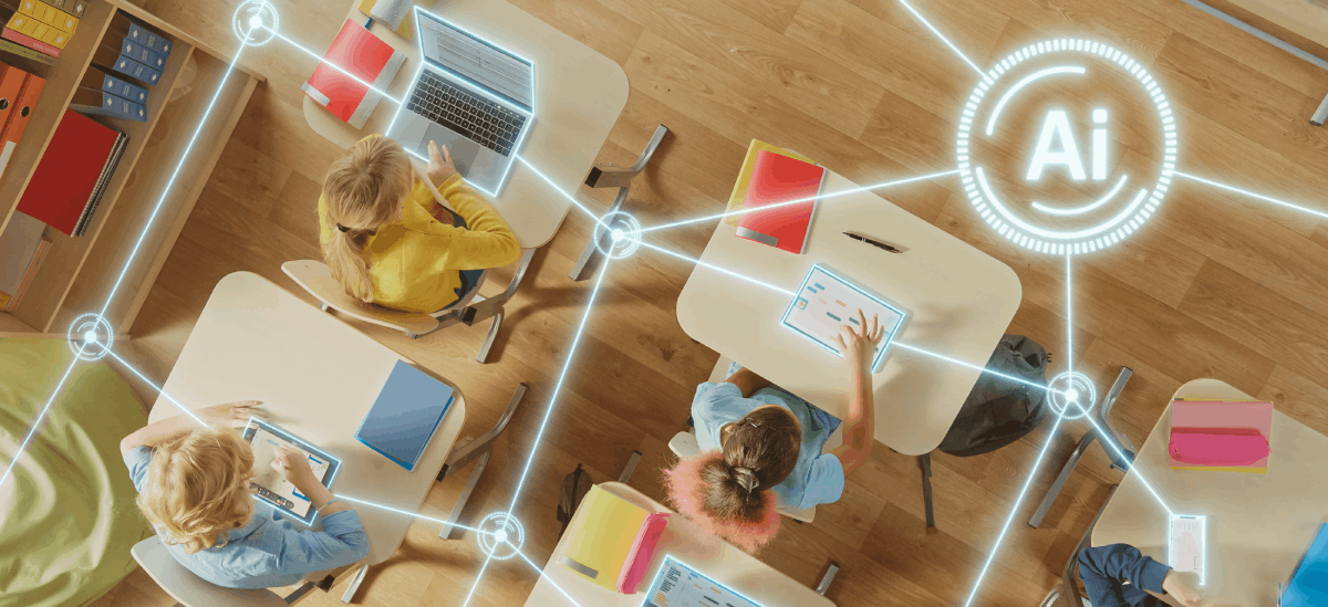 AI literacy: Overhead view of students using AI in the classroom, represented by a digital network overlay labeled "AI"